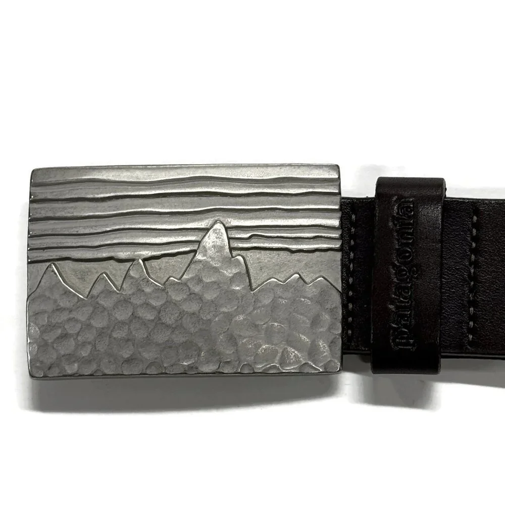 Patagonia Fitz Roy Skyline Western Metal Buckle‎ & Brown Leather Belt 30